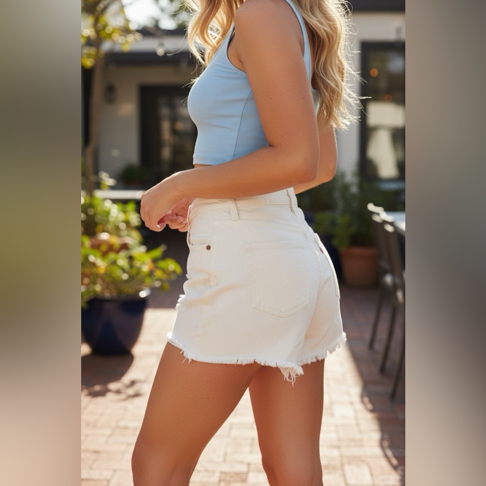 Levi’s Premium 501 Big E White Distressed Jean Shorts W30 High Rise